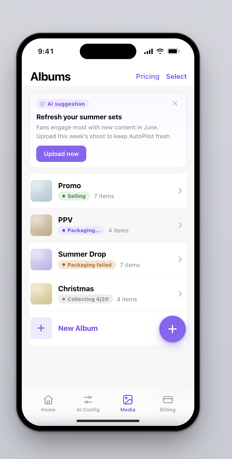 Albums screen showing an album list with the status labels Selling, Packaging and Collecting