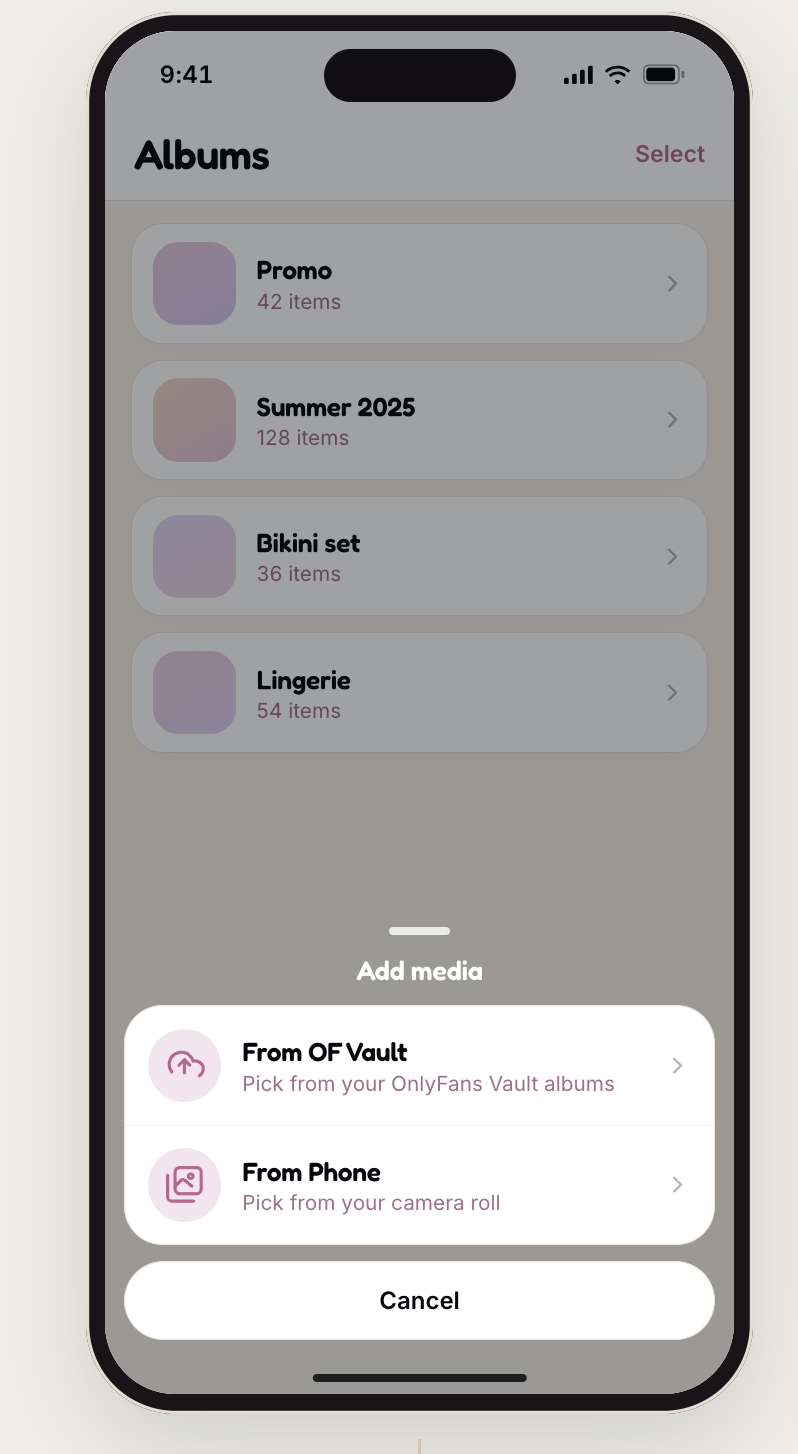 Add media screen with two source options: From Vault and From Phone