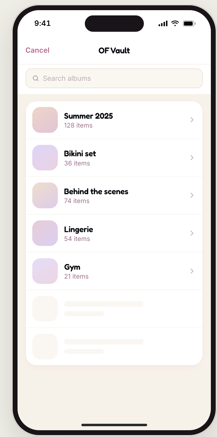 Vault album picker showing a searchable list of albums with item counts